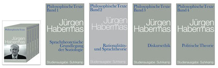 Am 18. Juni 2009 feierte der Philosoph und Soziologe Jürgen Habermas seinen 80. Geburtstag. Zu diesem Anlaß hatte er eine systematische Auswahl von wichtigen Texten zusammengestellt, einige davon bislang unveröffentlicht, die den philosophischen Kern seines umfangreichen Werks freilegen. Die Bände, im Suhrkamp-Verlag erschienen, können auch einzeln erworben werden.