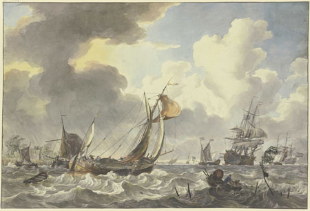 Hendrik Kobell (1751–1779) Eine Antwerpener Pleit und andere Schiffe zwischen Noord Beveland und Wolphaartsdijk, 1775 Wasser- und Deckfarben, über schwarzem Stift, auf Büttenpapier 360 × 534 mm Städel Museum, Frankfurt am Main Foto: Städel Museum